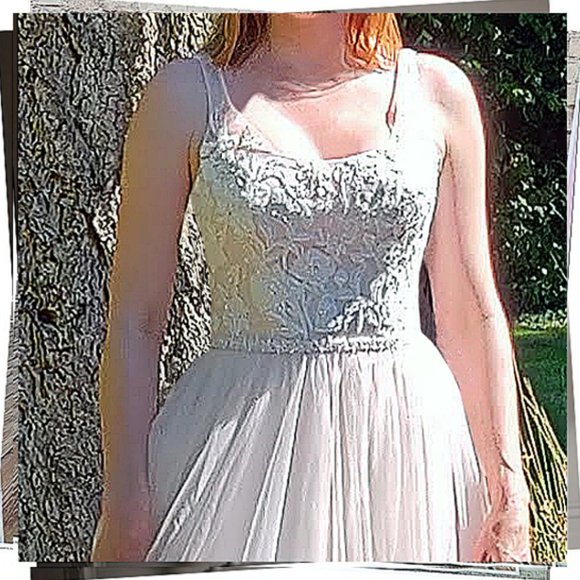 NWOT: Blush / Cashmere Pearl Beaded Lace & Tulle Ballgown with Ribbon Belt - Picture 2 of 12